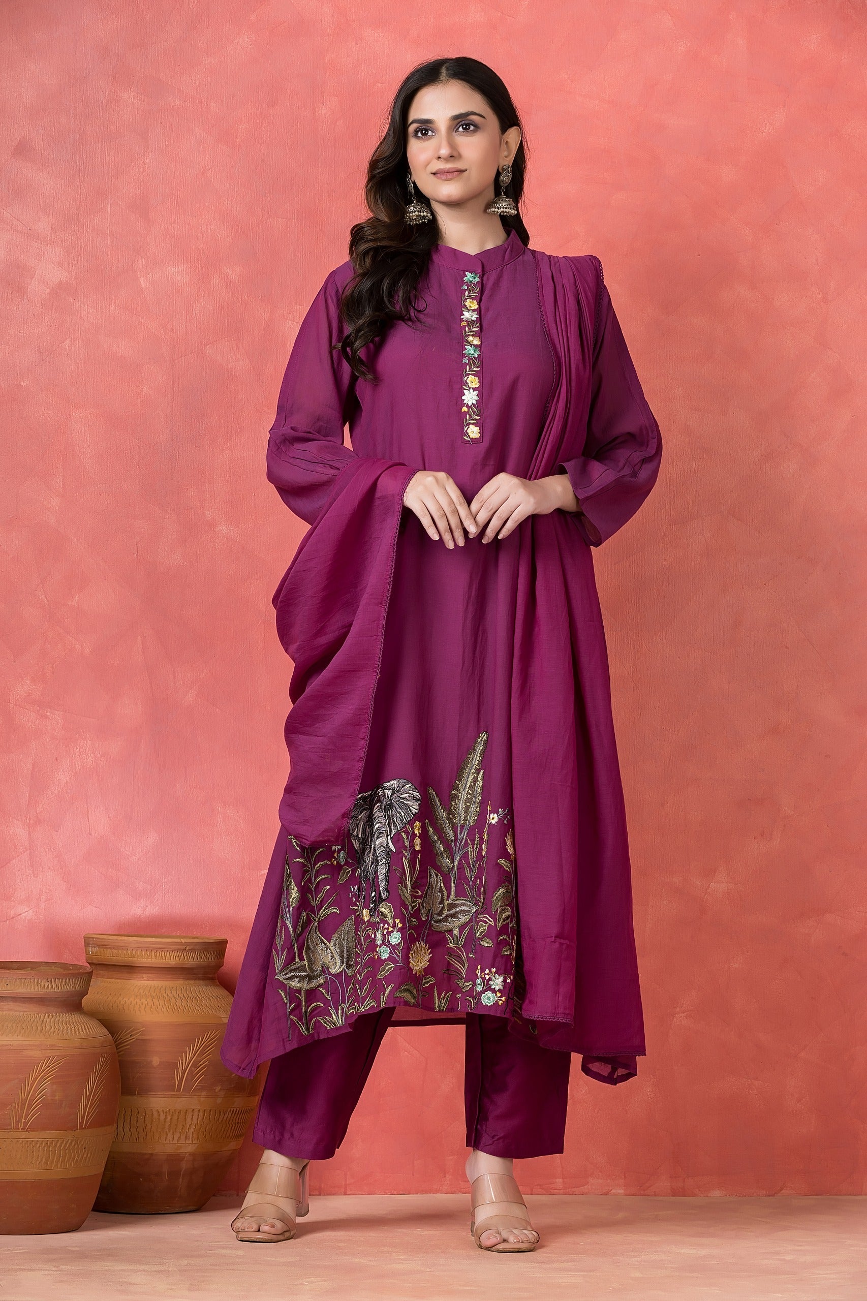 Deep Magenta Embellished Mul-Chanderi Silk Pant Set