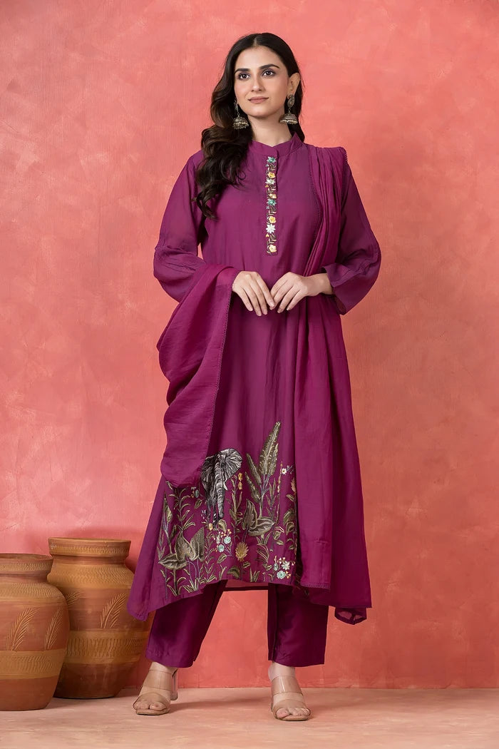 Deep Magenta Mul Chanderi Silk Pant Set
