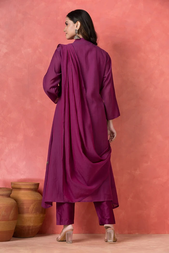 Deep Magenta Mul Chanderi Silk Pant Set