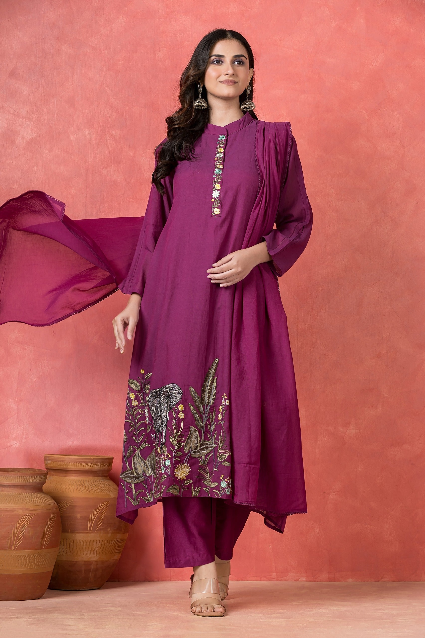 Deep Magenta Embellished Mul-Chanderi Silk Pant Set