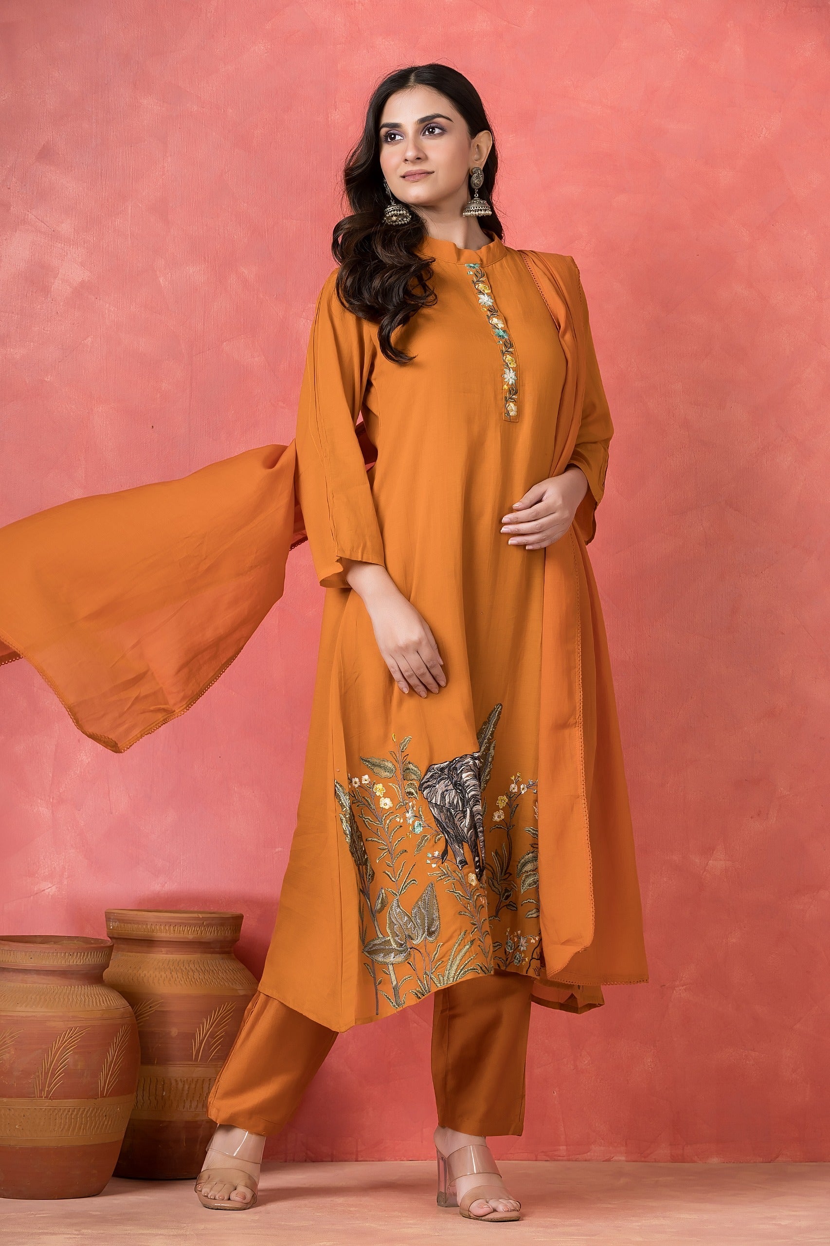 Burnt Orange Embellished Mul-Chanderi Silk Pant Set