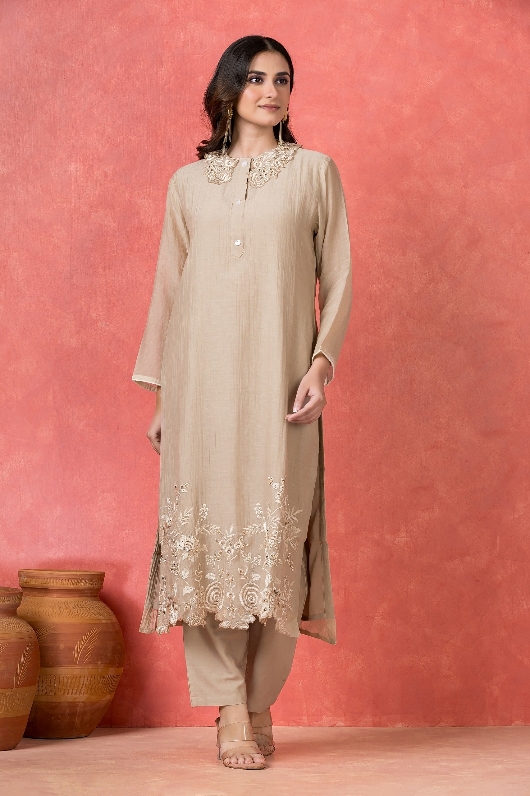 Beige Embellished Mul-Chanderi Silk Kurta Set