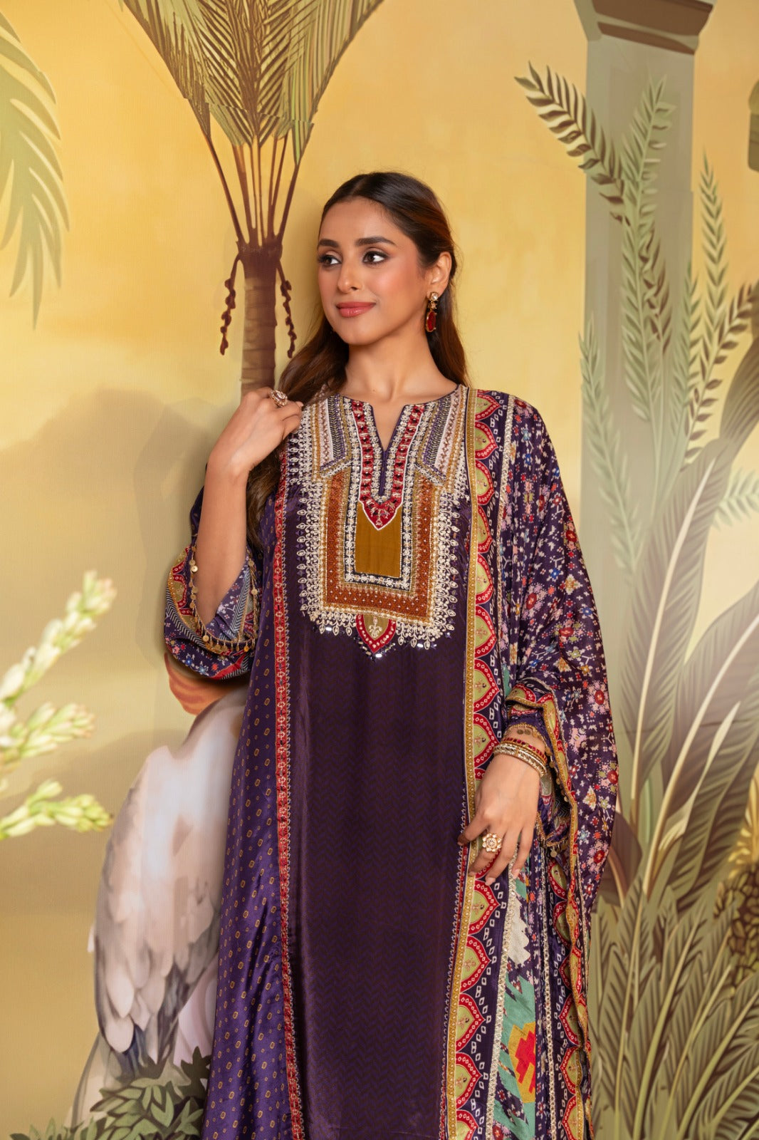 Plum Purple Embellished Muslin Crepe Silk Pant Set