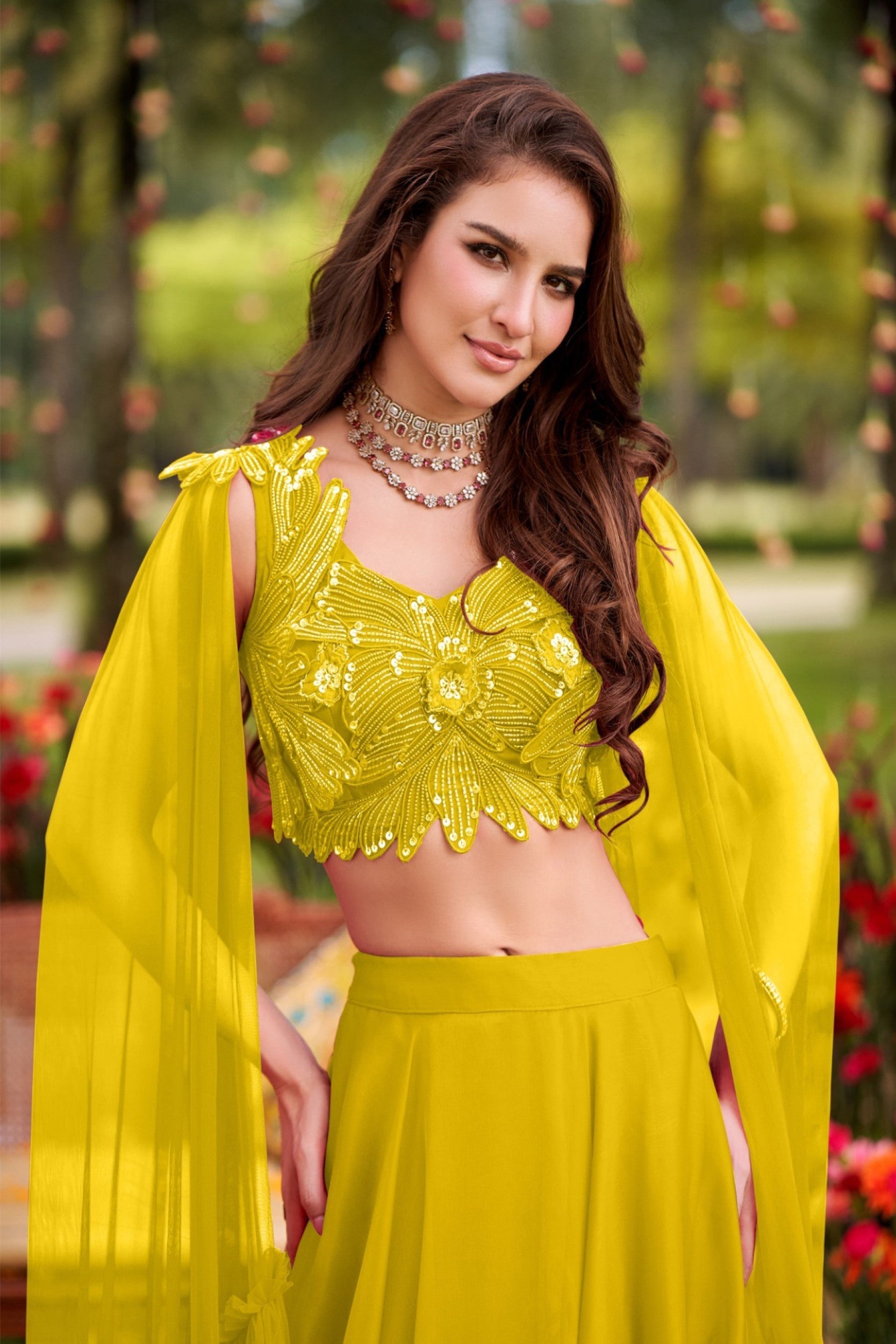 Mustard Embellished Imported Fabric Skirt Set