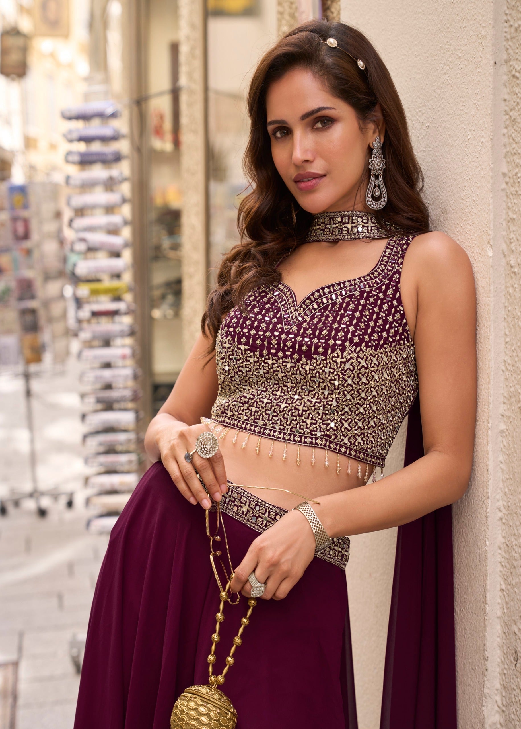 Deep Wine Embellished Georgette Silk Palazzo Set