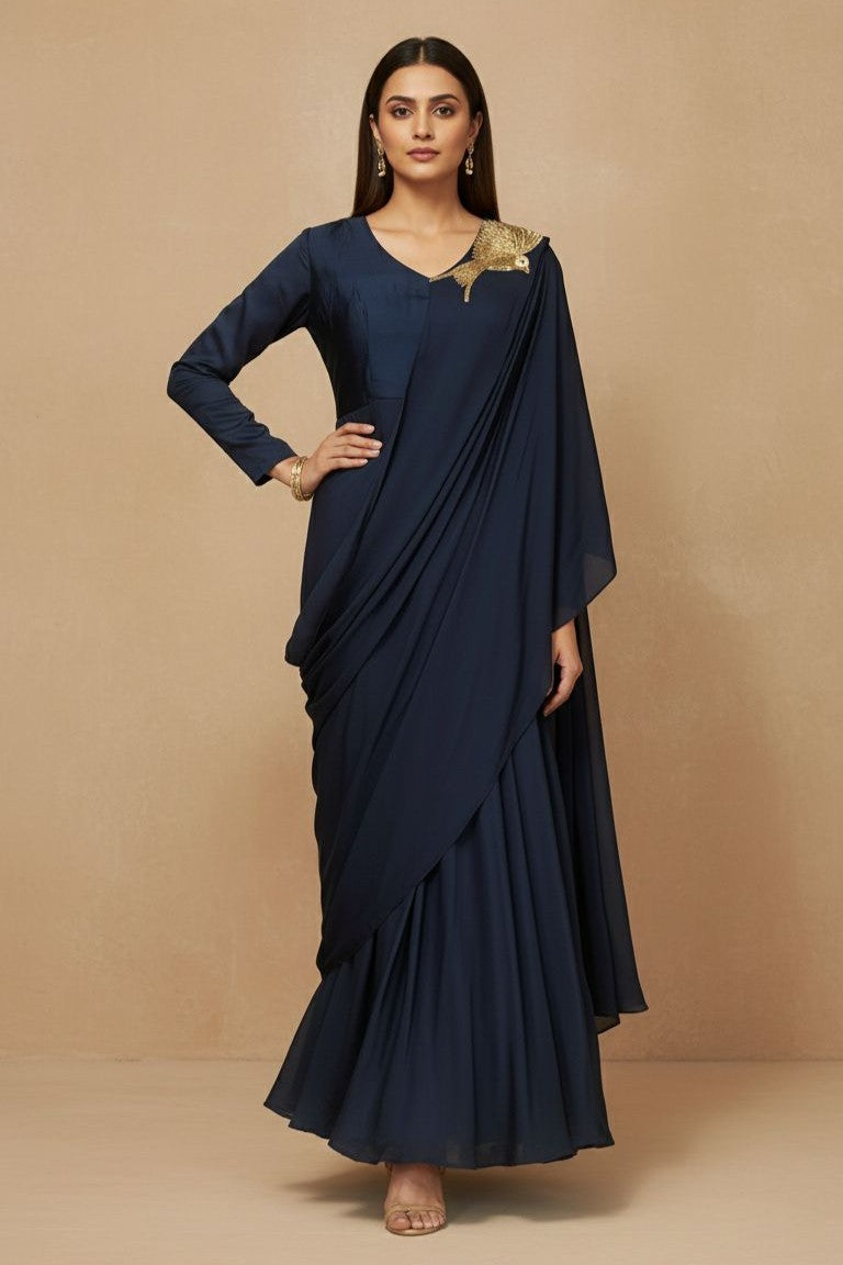 Navi Blue Embellished Premium Silk Draped Gown