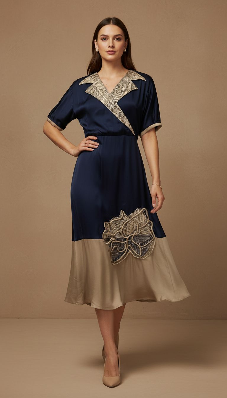 Beige & Navi Blue Embellished Premium Silk Dress