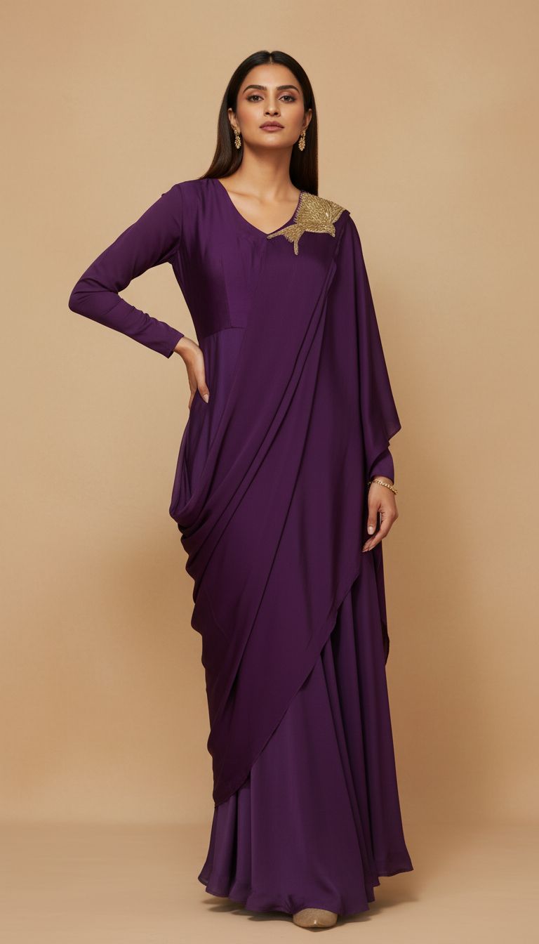 Dark Purple Embellished Premium Silk Draped Gown
