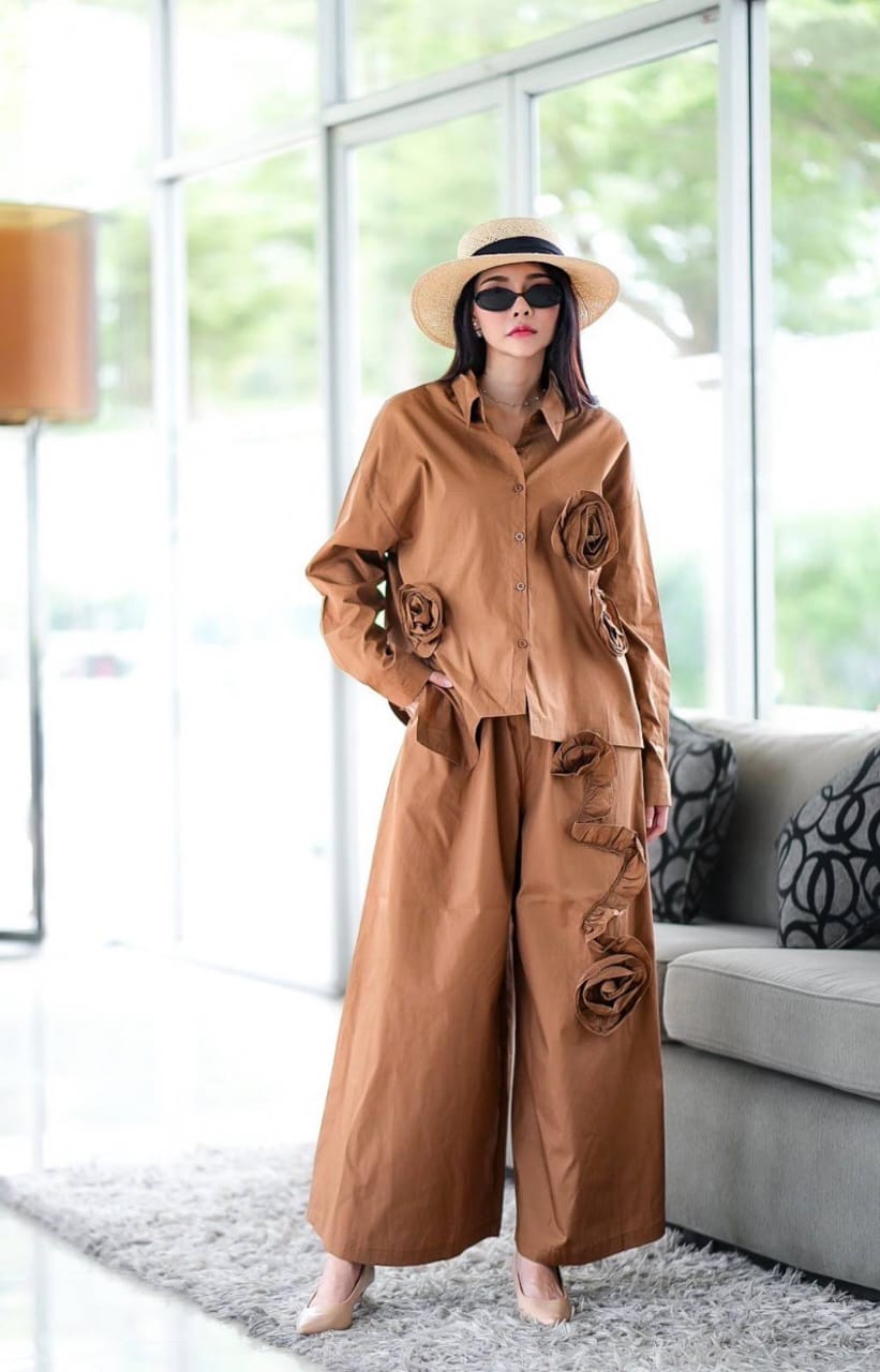 Brown Embroidered Cotton Co-Ord Set