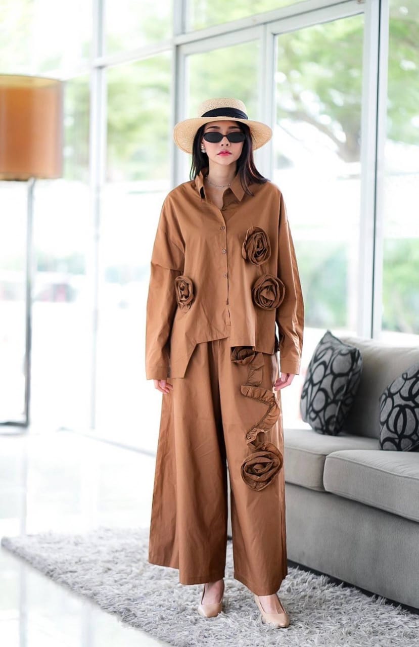 Brown Embroidered Cotton Co-Ord Set