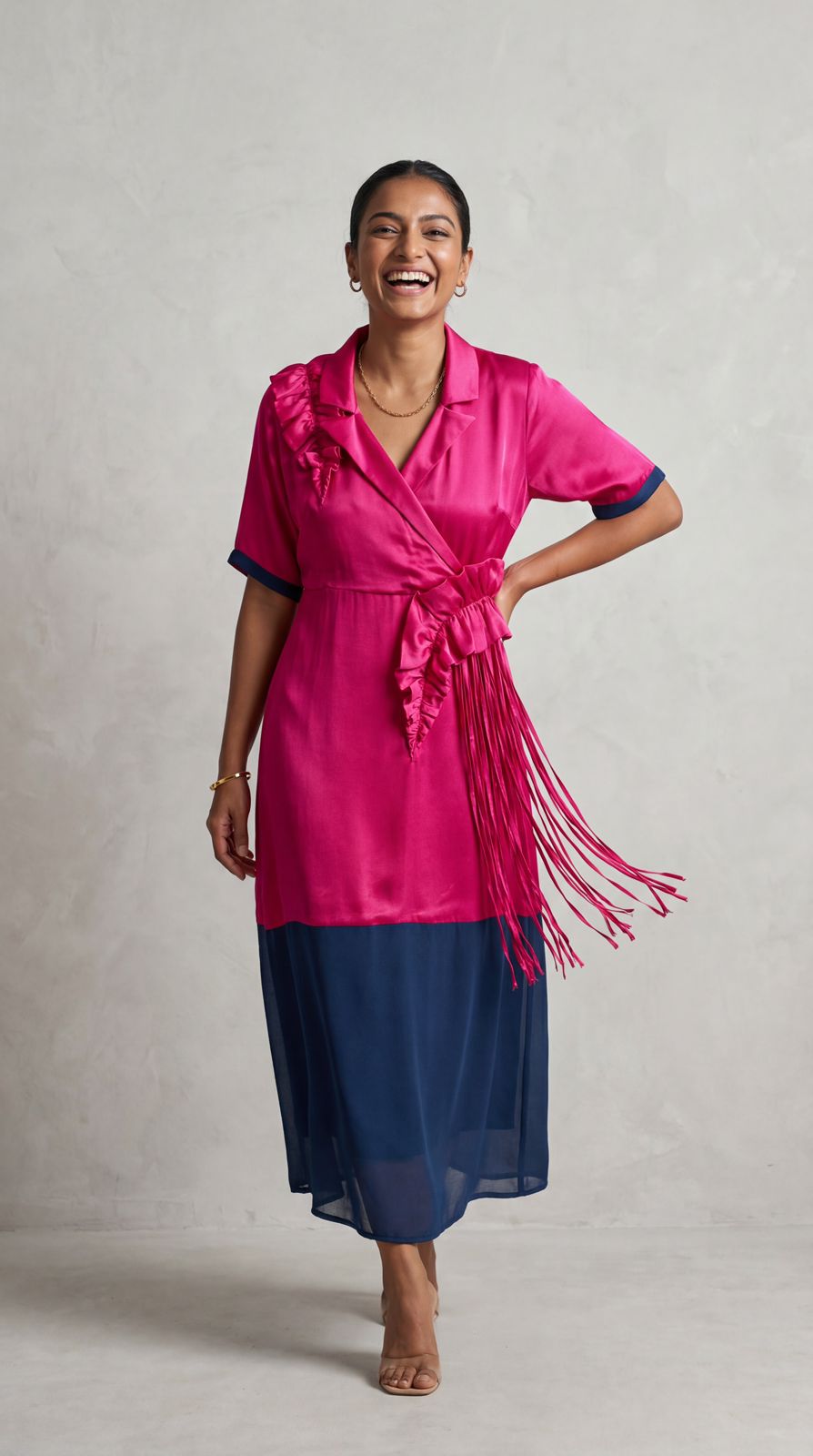 Flamingo Pink Solid Geogette Silk Dress