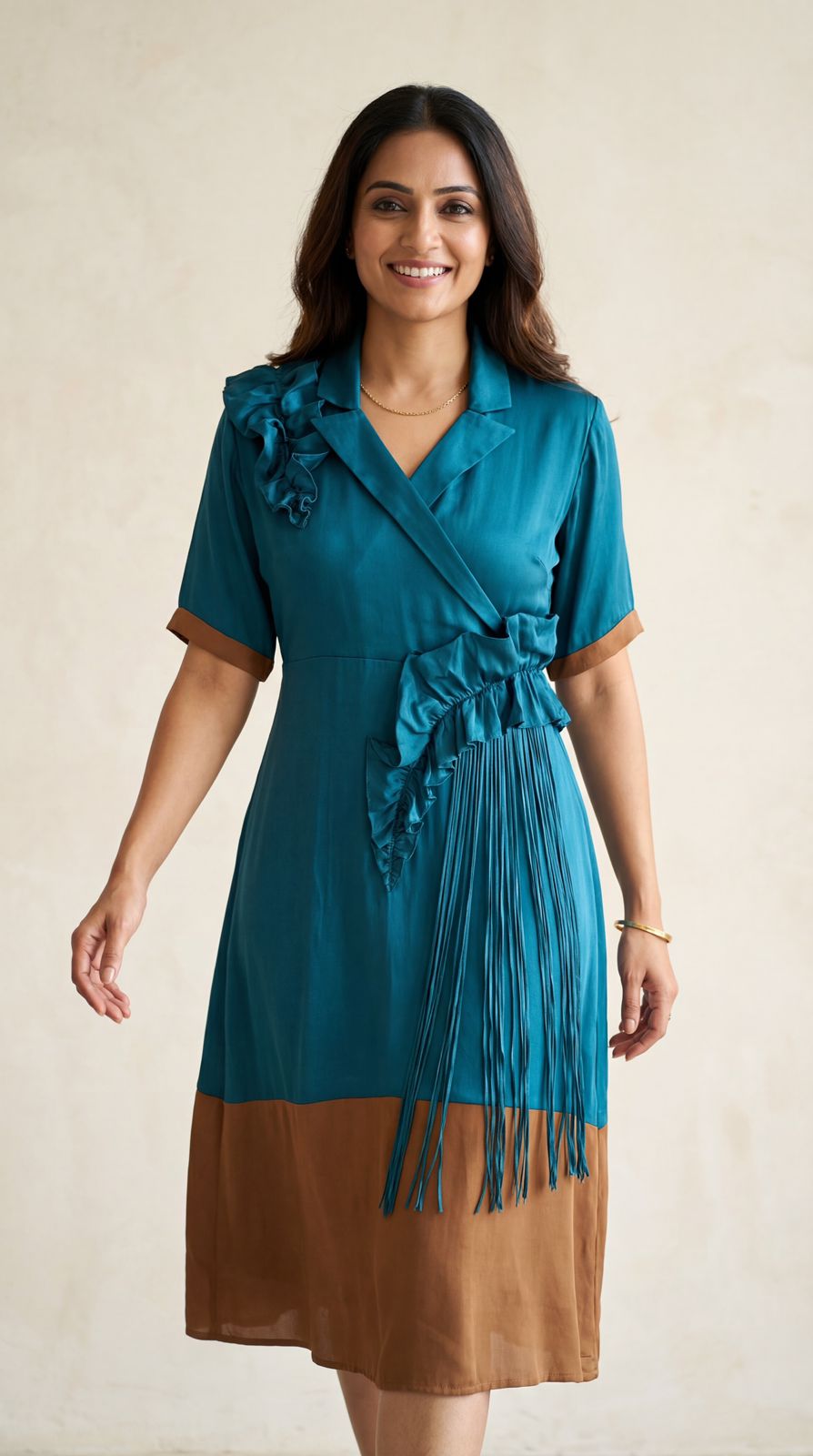 Teal Solid Geogette Silk Dress
