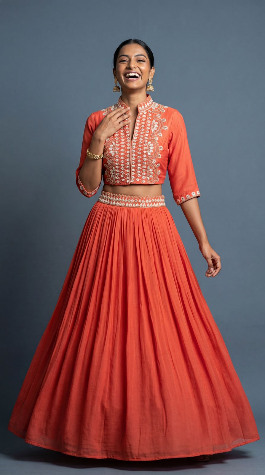 Burnt Orange Embellished Crepe Silk Skirt Set