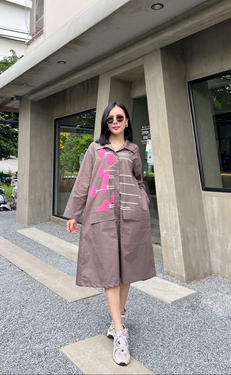 Mocha Grey Plastisol Printed Cotton Shirt Dress