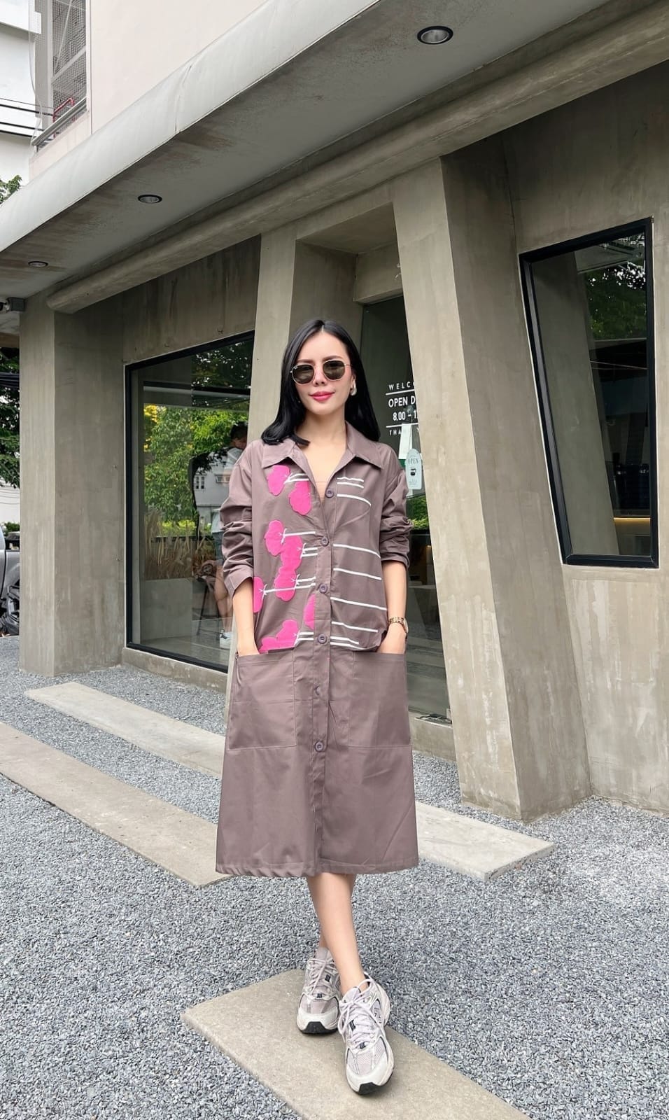 Mocha Grey Plastisol Printed Cotton Shirt Dress