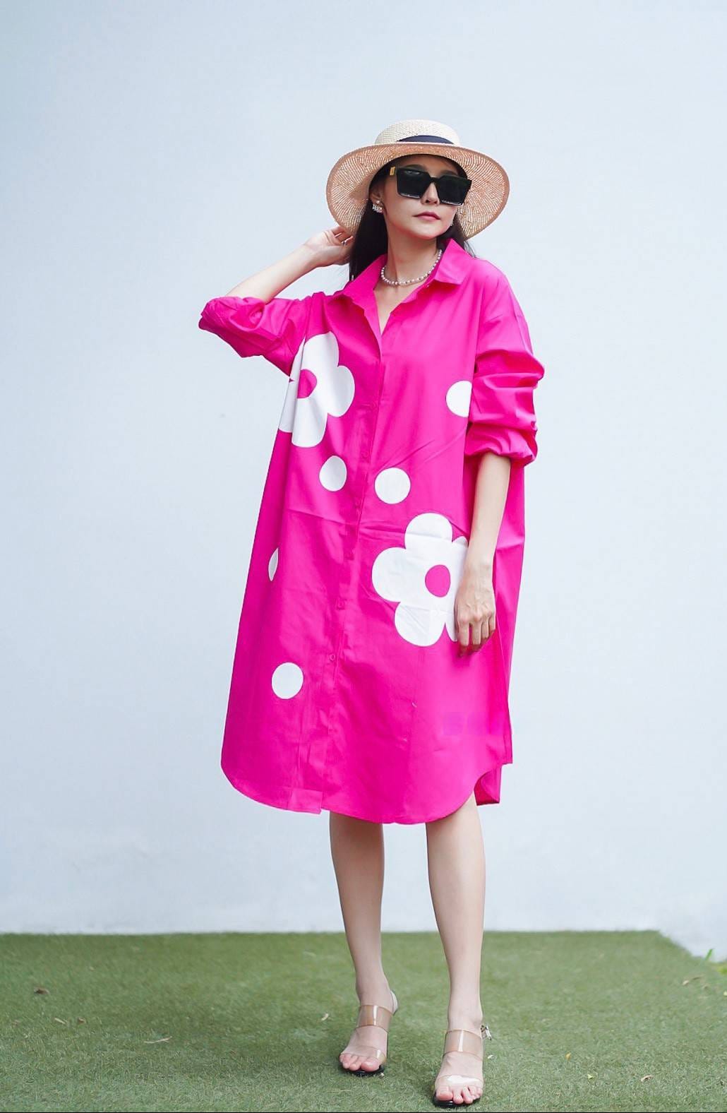 Bright Pink Plastisol Printed Cotton Shirt Dress