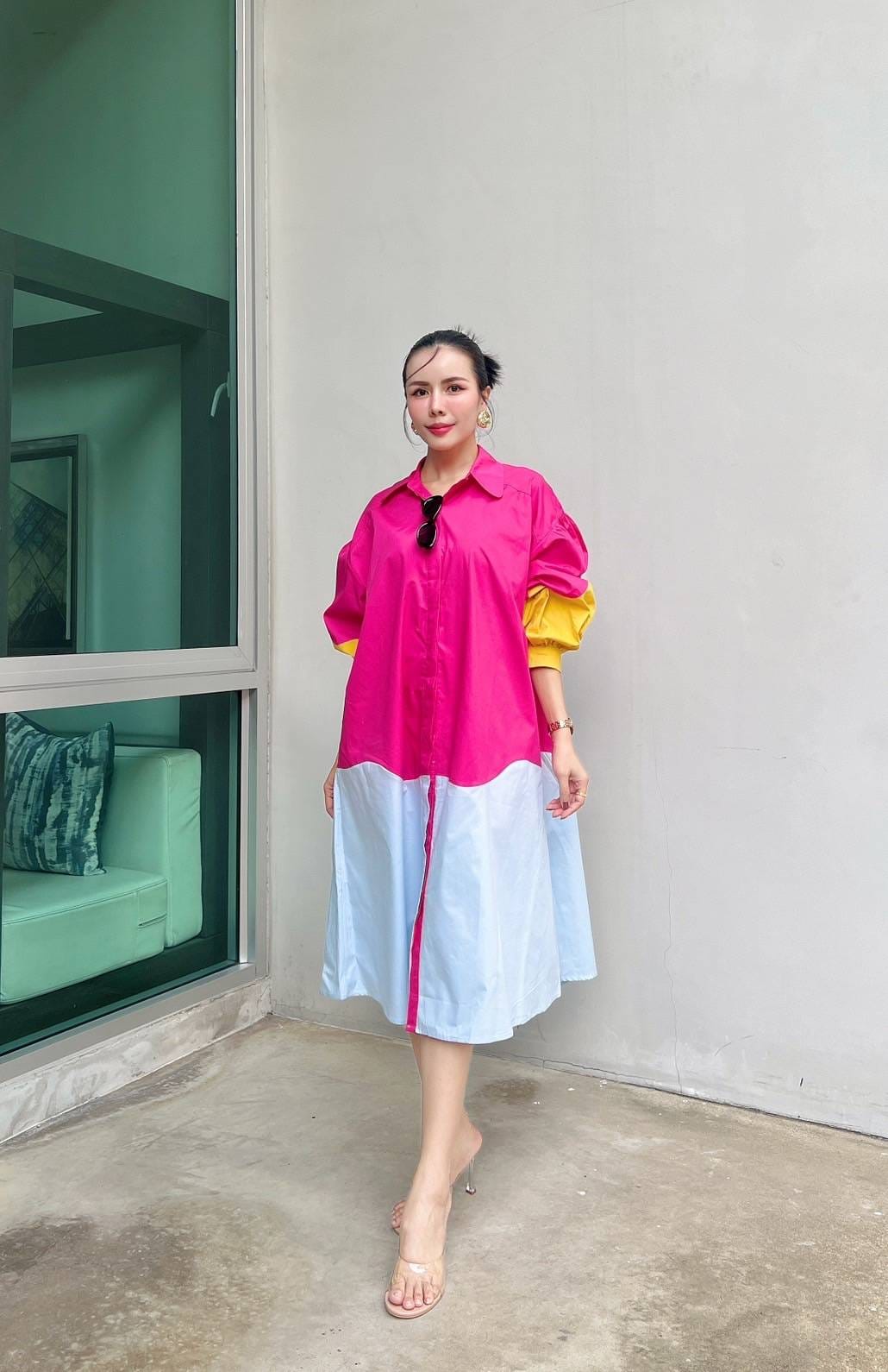 Bloom Pink Color Block Cotton Shirt Dress