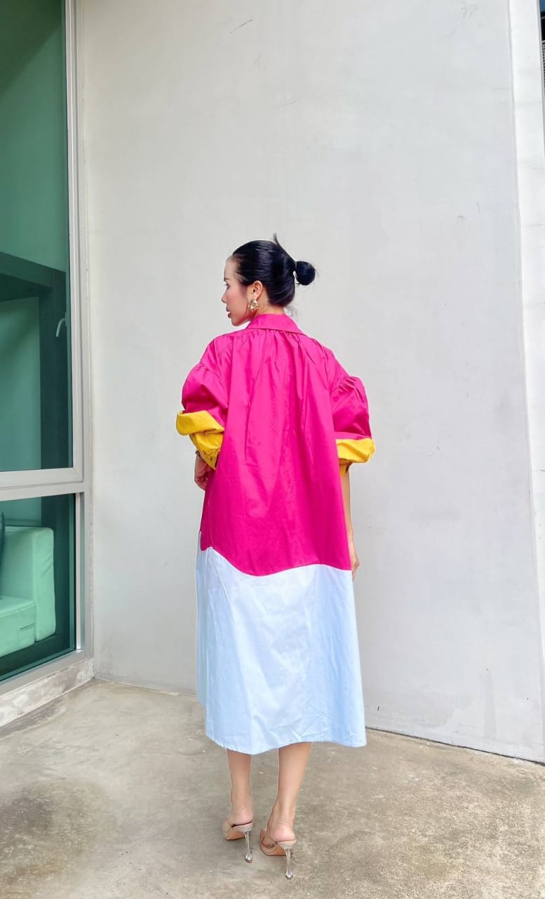 Bloom Pink Color Block Cotton Shirt Dress