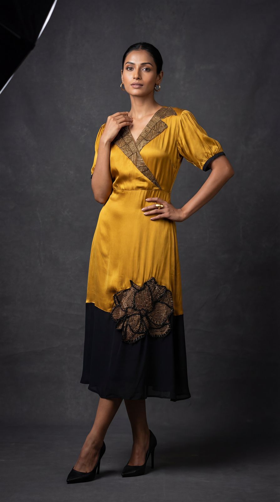 Mustard & Black Embellished Premium Silk Dress