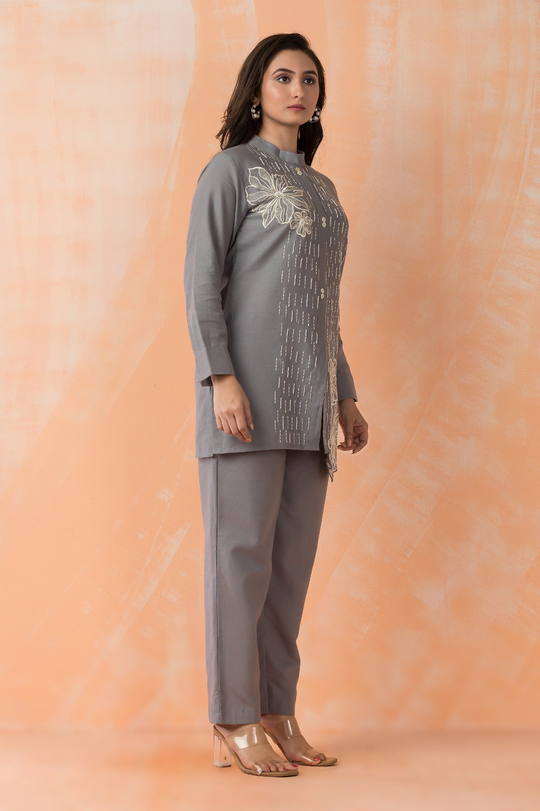 Shadow Grey Embroidered Cotton Co-Ord Set