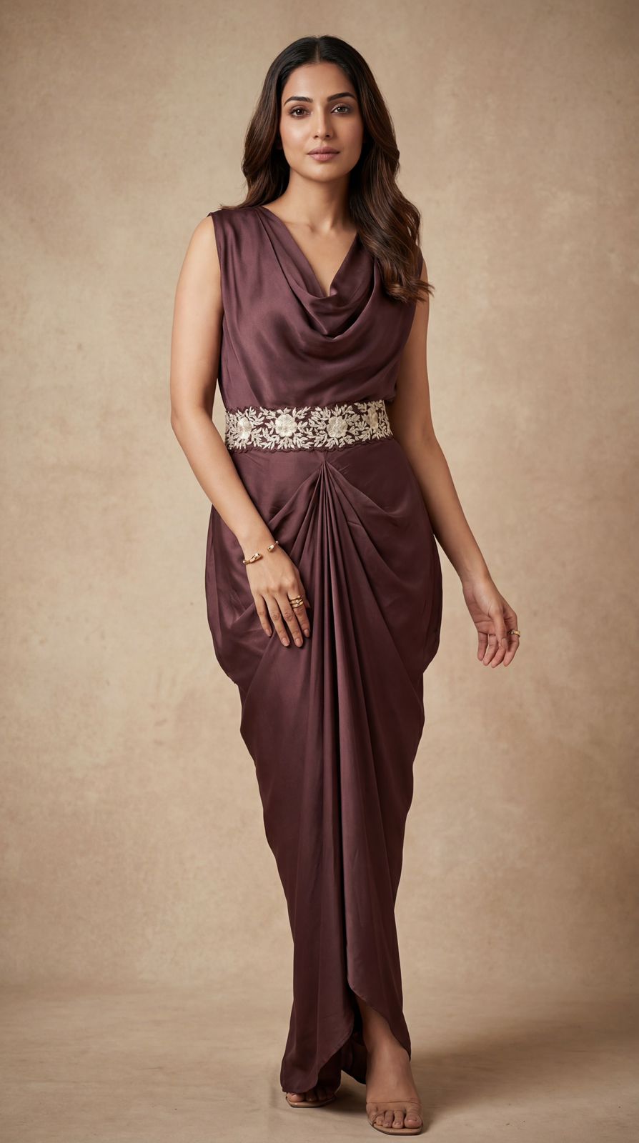 Mocha Brown Cowl Crop Top & Skirt Set