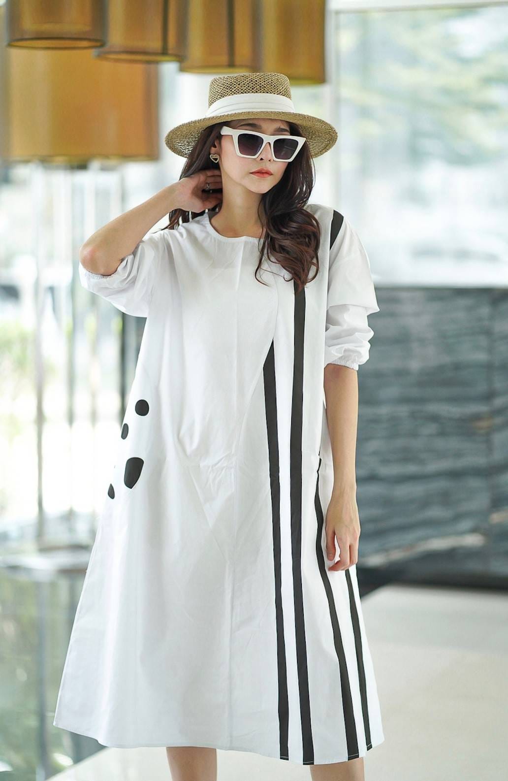 White and Black Geometric Printed Cotton Dress