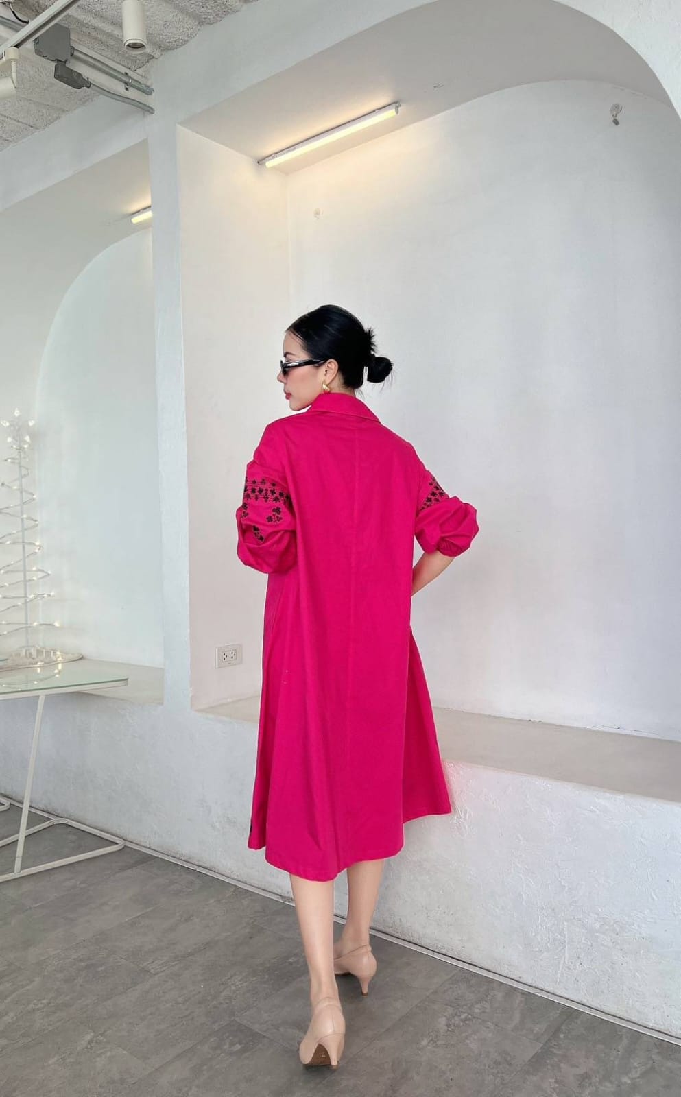 Magenta Pink Printed Pure Cotton Shirt Dress