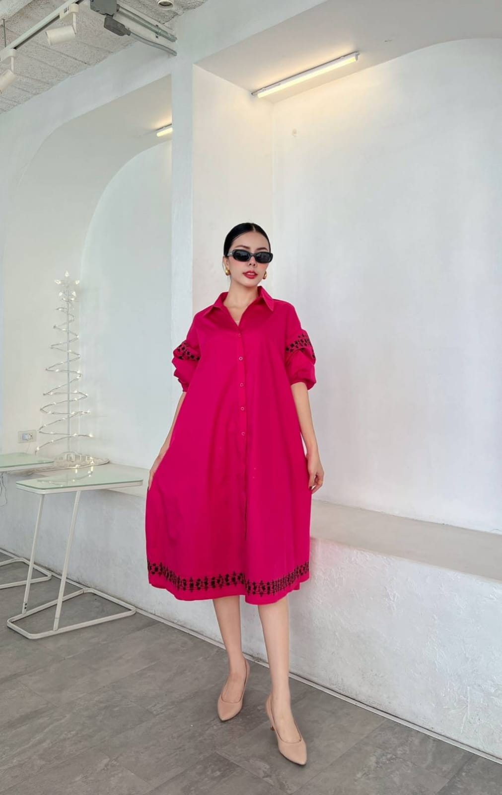 Magenta Pink Printed Pure Cotton Shirt Dress