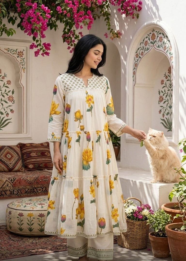 Butter floral Printed Pure Cotton Anarkali Set