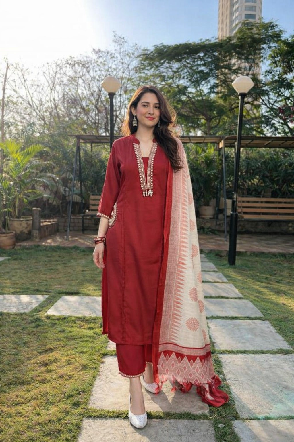Maroon Embroidered Cotton Palazzo Set
