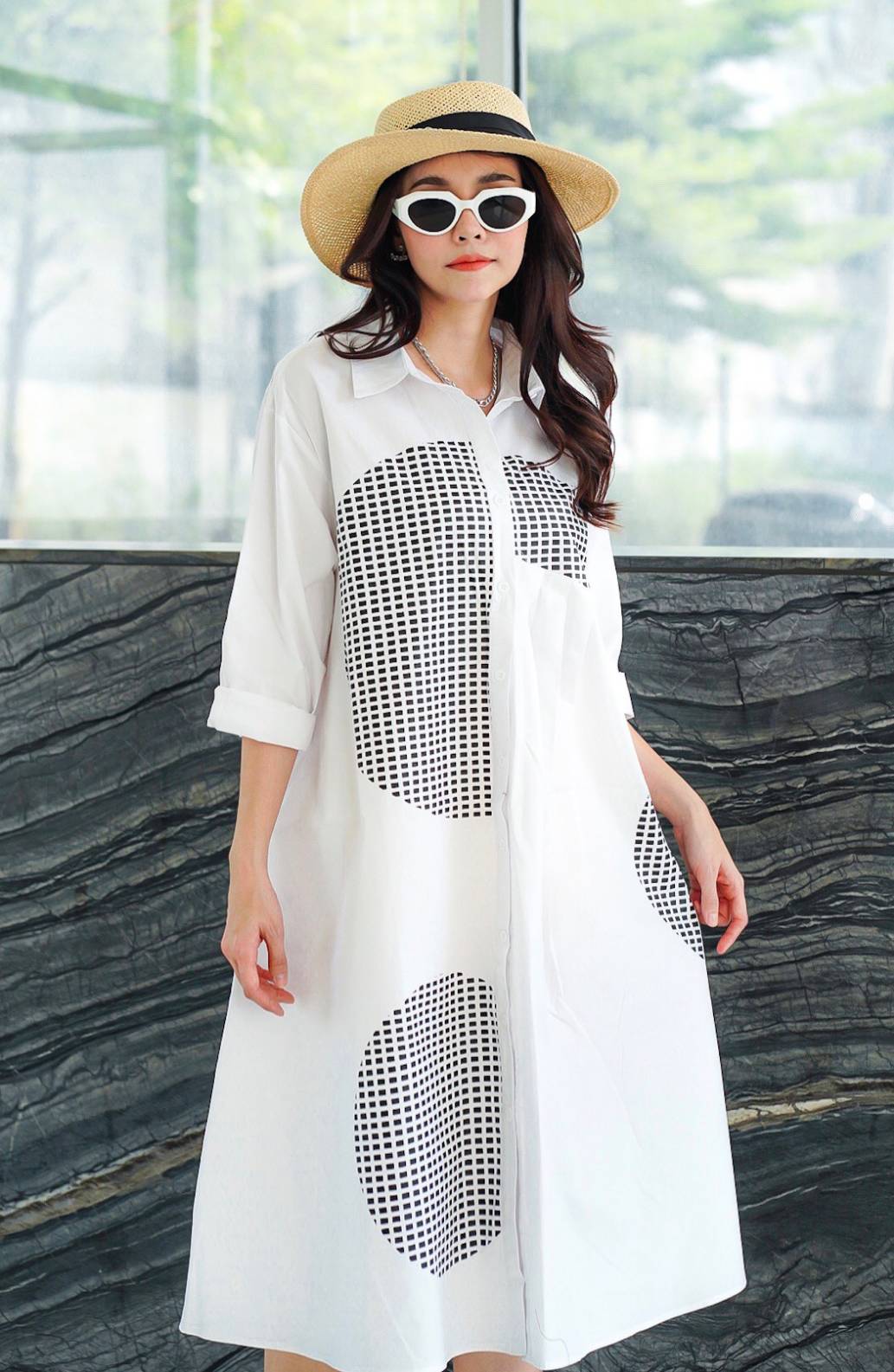 White Geometric Grid Monochrome Cotton Shirt Dress