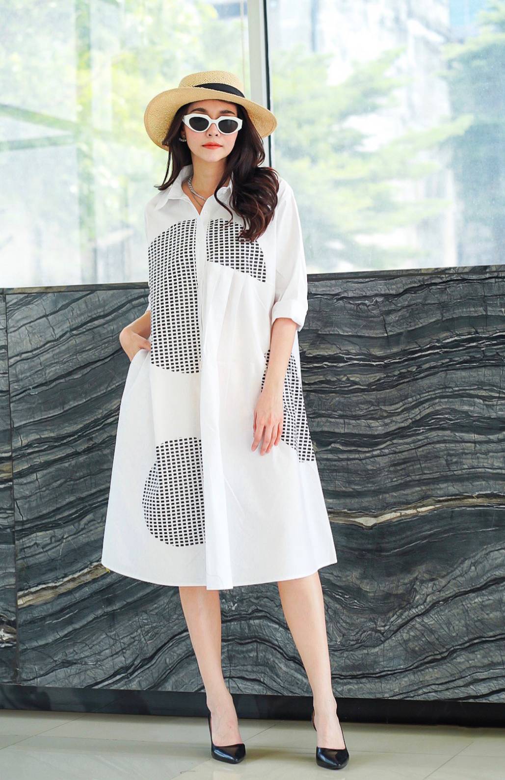 White Geometric Grid Monochrome Cotton Shirt Dress