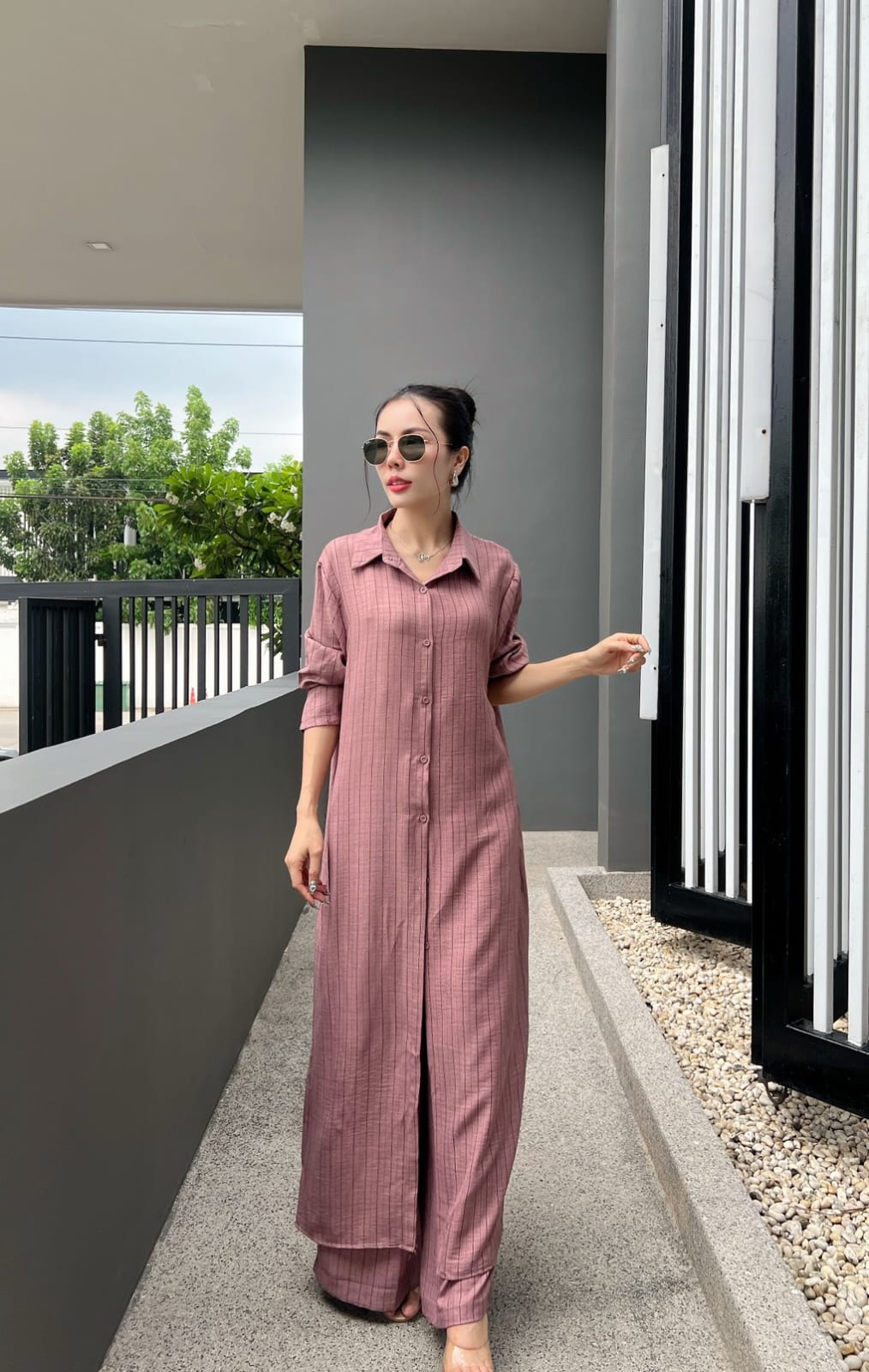 Dusty Rose Printed Cotton Longline Co-ord Set