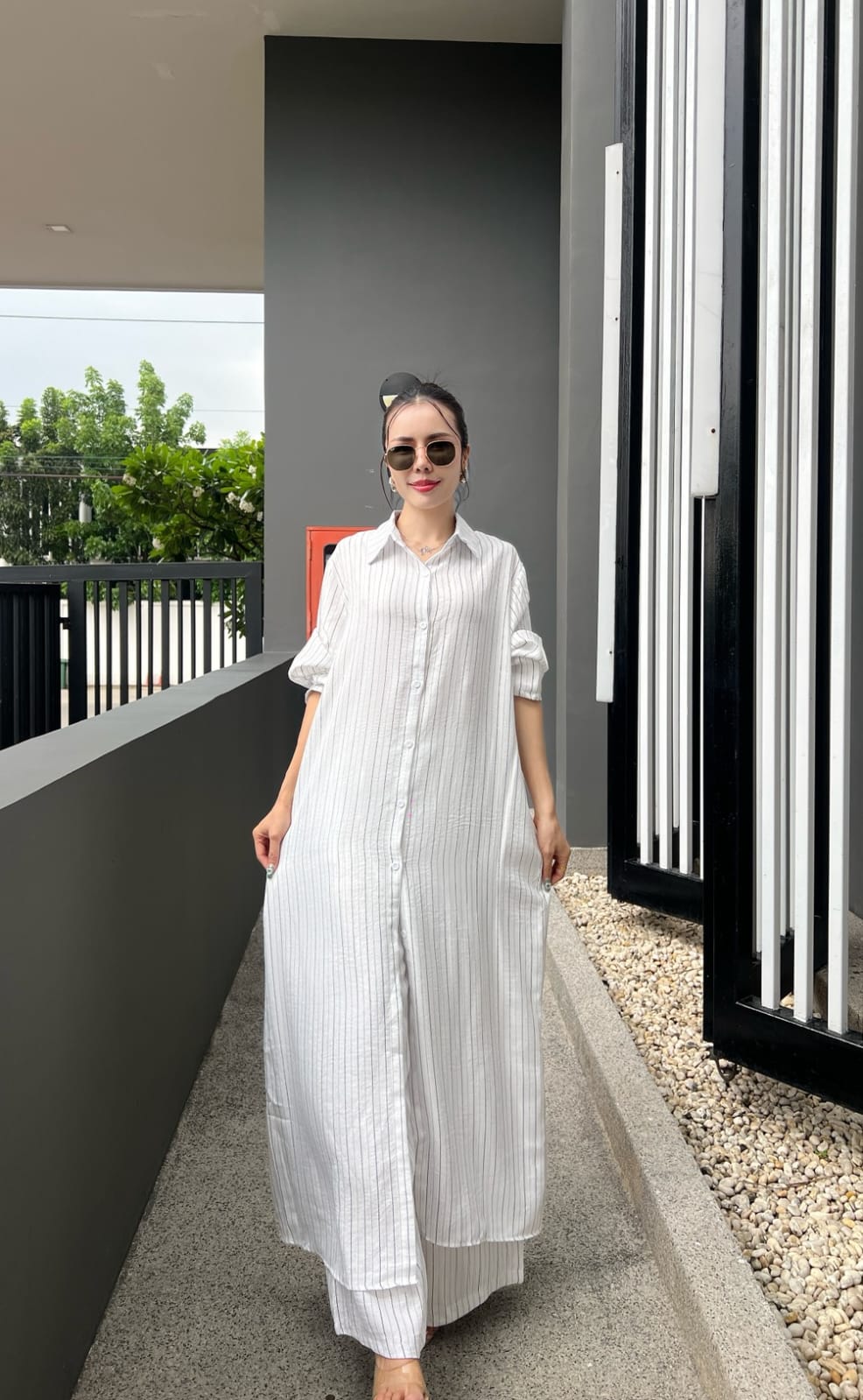 Crisp White Printed Cotton Longline Co-ord Set