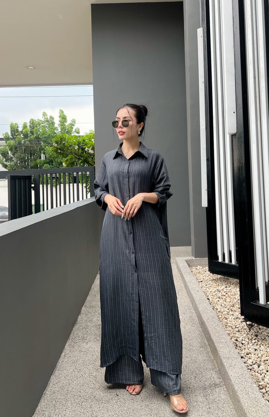 Charcoal Grey Printed Cotton Longline Co-ord Set