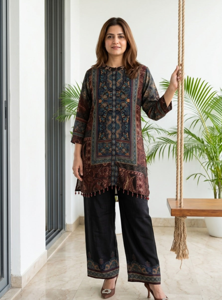 Brown Mosaic Printed Crepe Silk Co-Ord Set