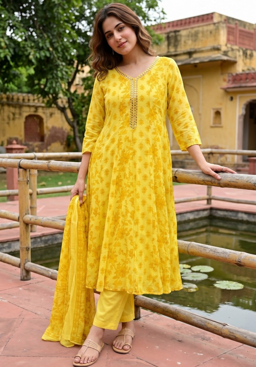 Canary Yellow Floral Printed Cotton Pant Set