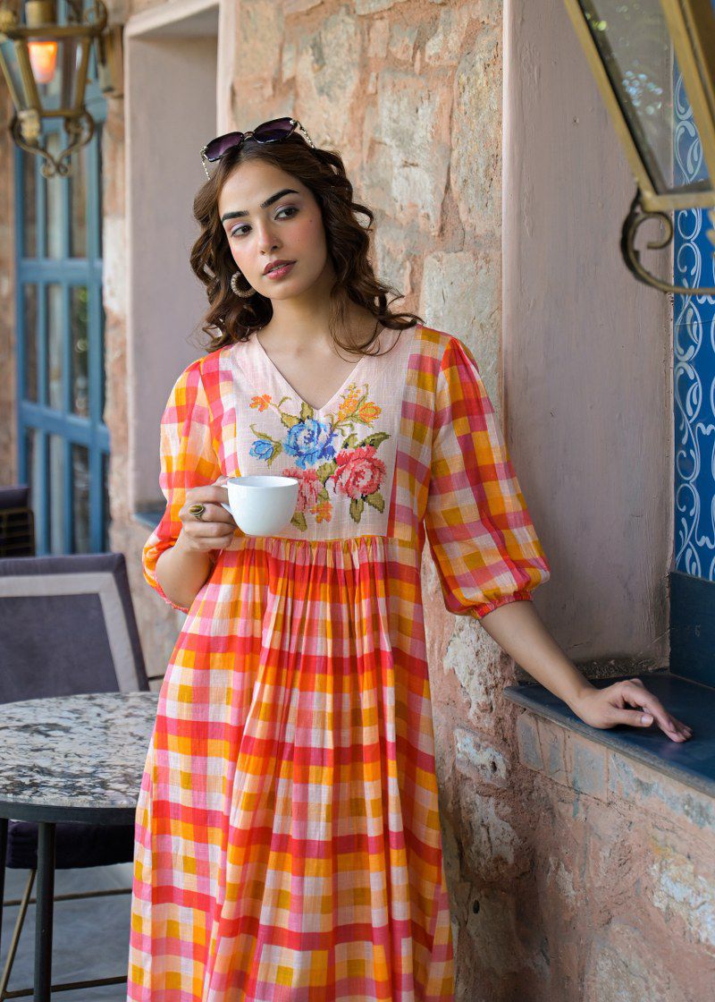 The Citrus Sunset Gingham Floral Cotton Dress