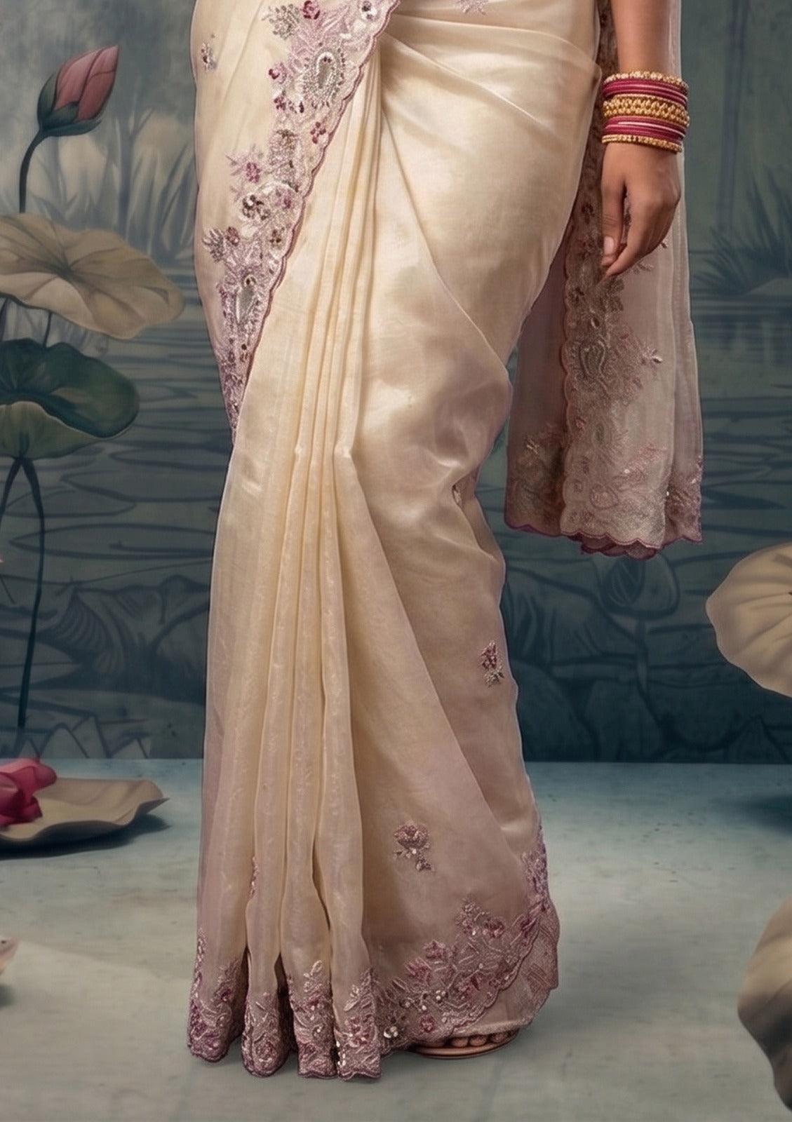 Gilded Ivory Embellished Tissue Silk Saree