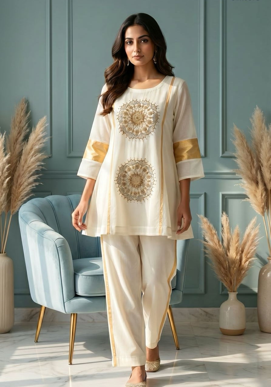 Off-White Embellished Mul Chanderi Silk Co-ord Set
