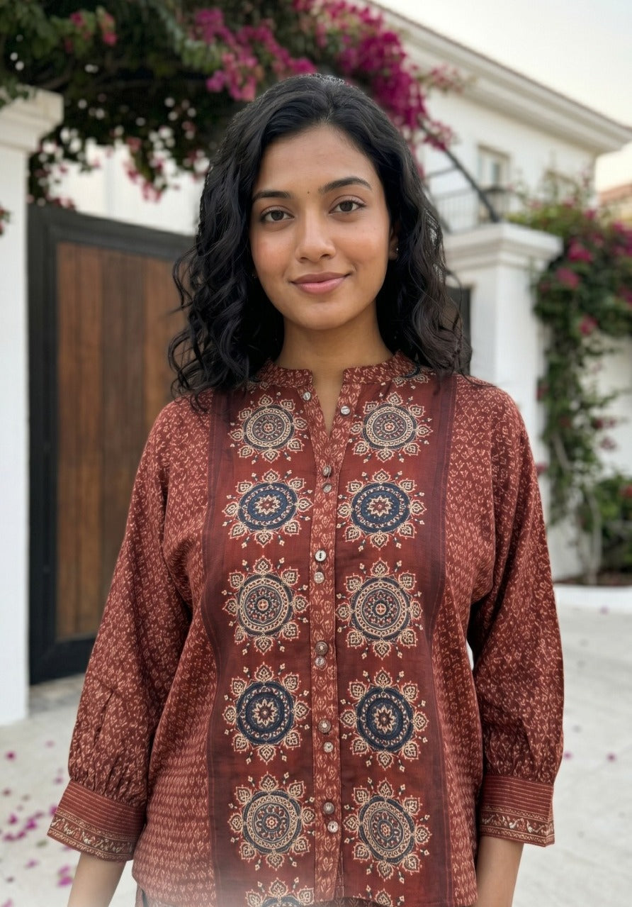 Maroon Ajrakh Printed Muslin Silk Co-ord Set