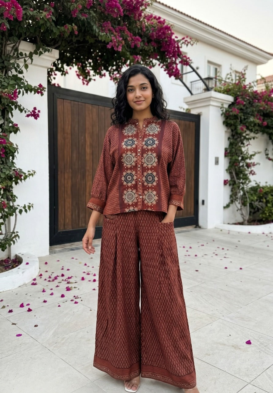 Maroon Ajrakh Printed Muslin Silk Co-ord Set