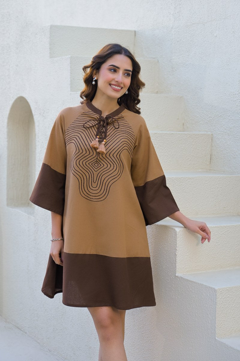 Camel Ripple Embroidered Cotton-Linen Dress