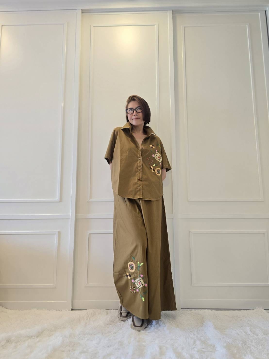 Olive Bronze Abstract Embroidered Cotton Co-ord Set