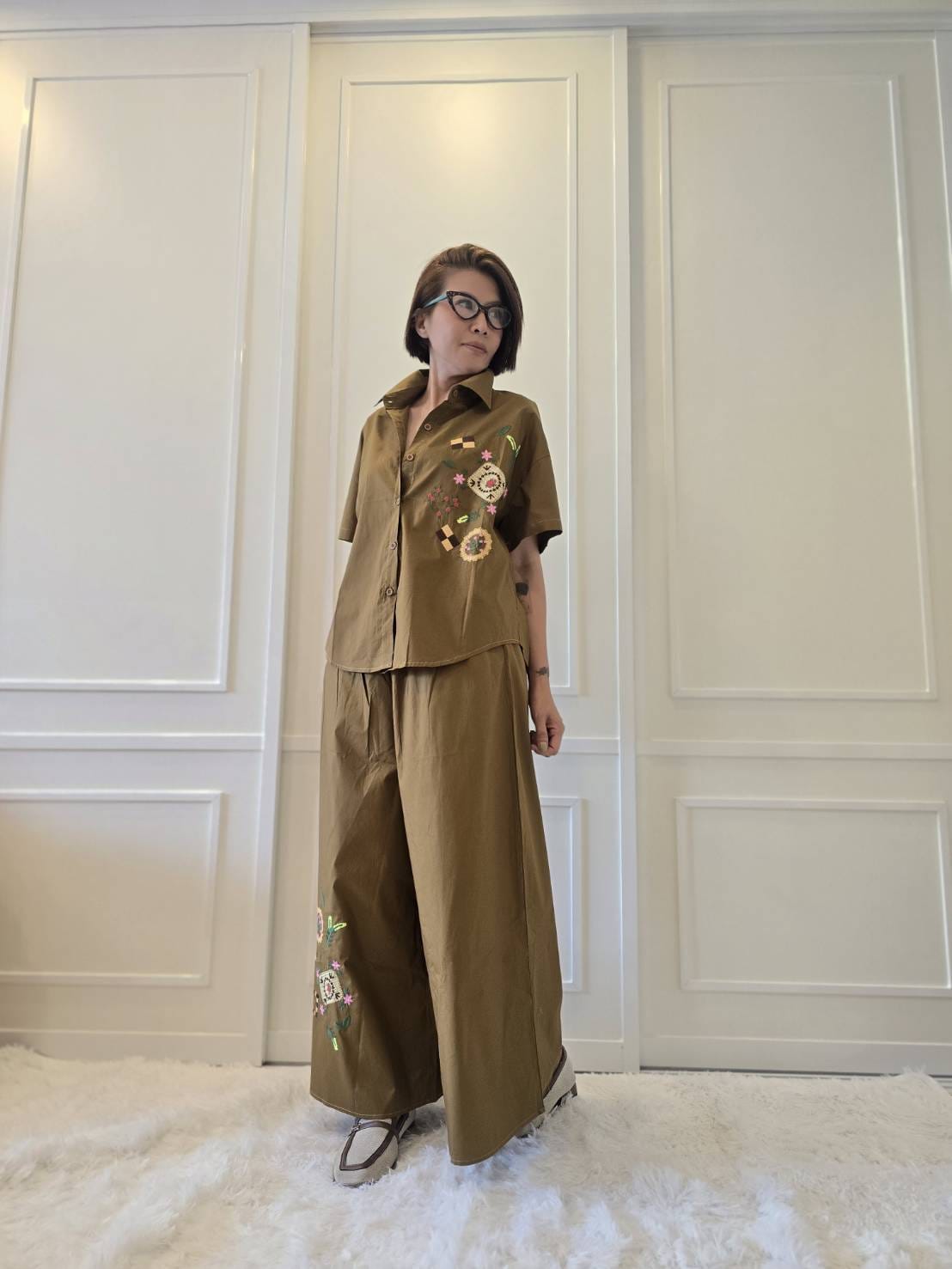 Olive Bronze Abstract Embroidered Cotton Co-ord Set
