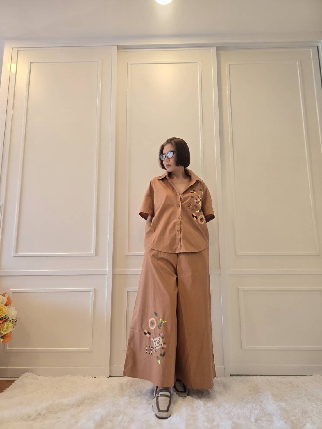 Peach Abstract Embroidered Cotton Co-ord Set