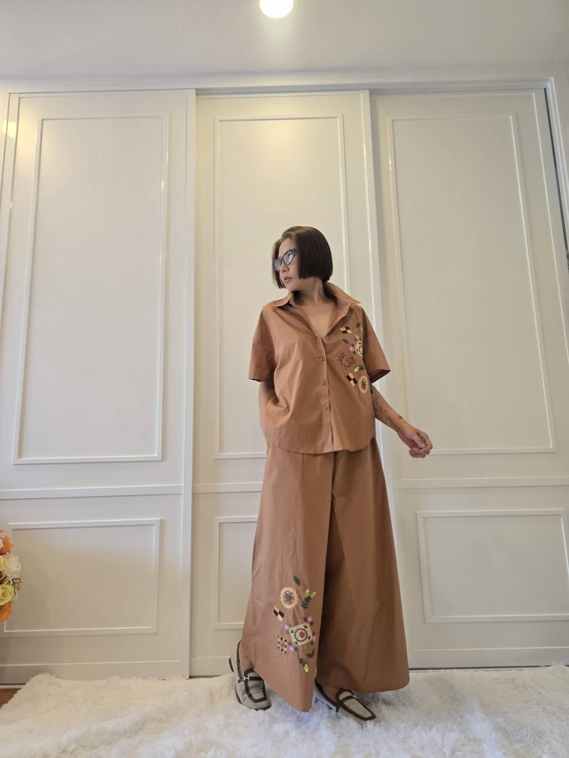 Peach Abstract Embroidered Cotton Co-ord Set