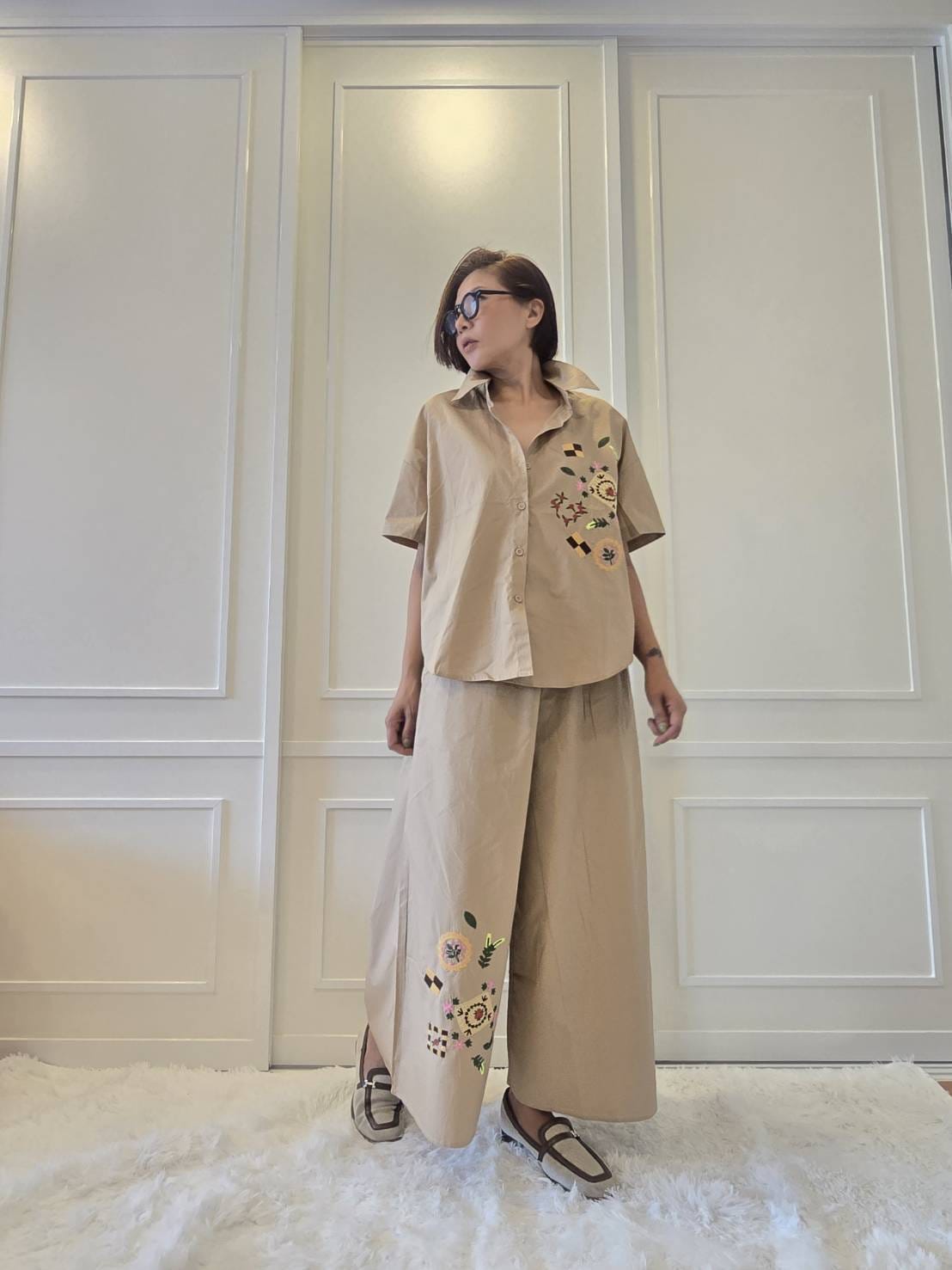Beige Abstract Embroidered Cotton Co-ord Set
