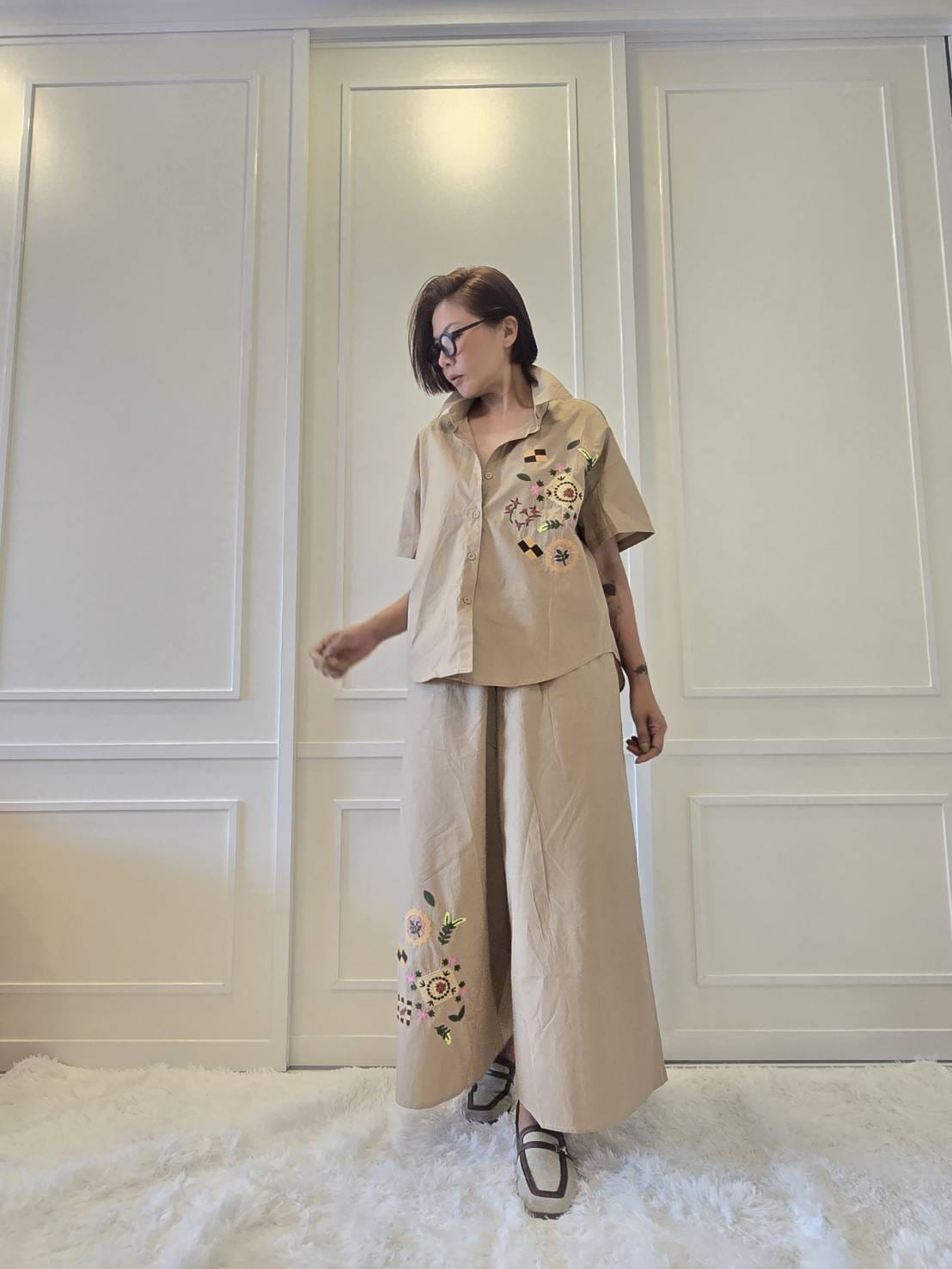 Beige Abstract Embroidered Cotton Co-ord Set