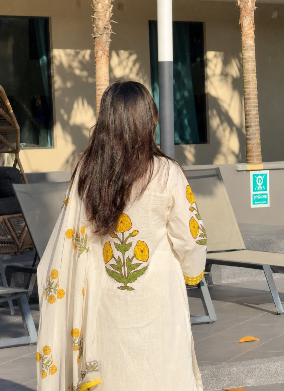 Mustard Blossom Printed Mul-Cotton Kurta Set